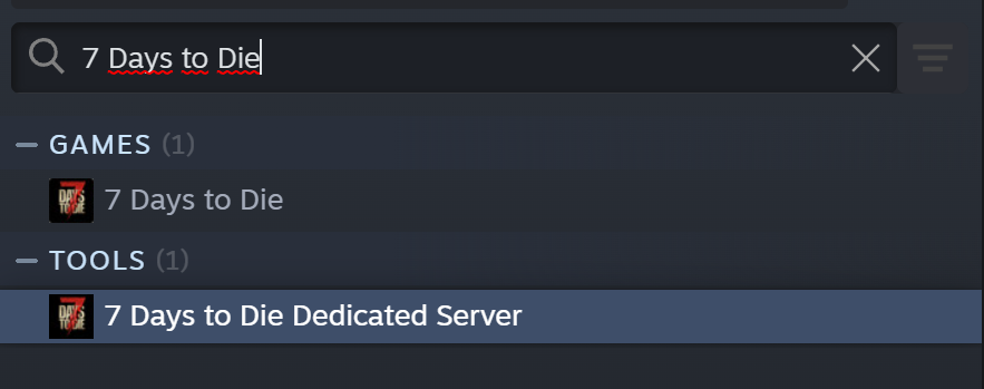 Steam Library open on a PC. The user has searched for "7 Days to Die" in the search bar and is selecting the "7 Days to Die Dedicated Server" option to install.