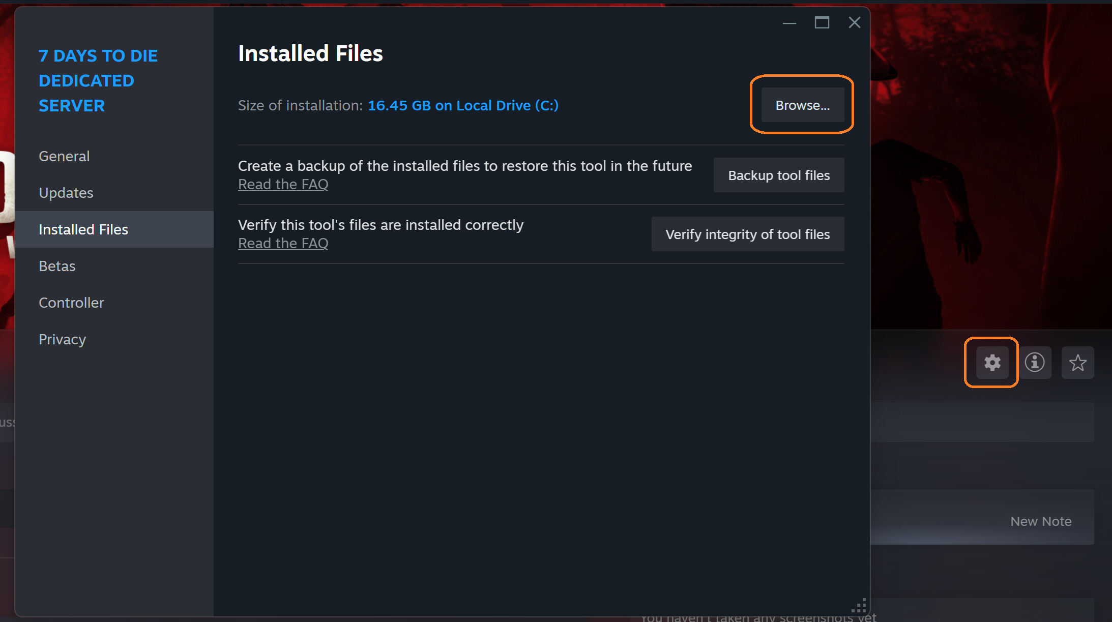 File explorer window open to the installation folder of the 7 Days to Die Dedicated Server. The typical path is C:Program Files (x86)Steamsteamappscommon7 Days to Die Dedicated Server.