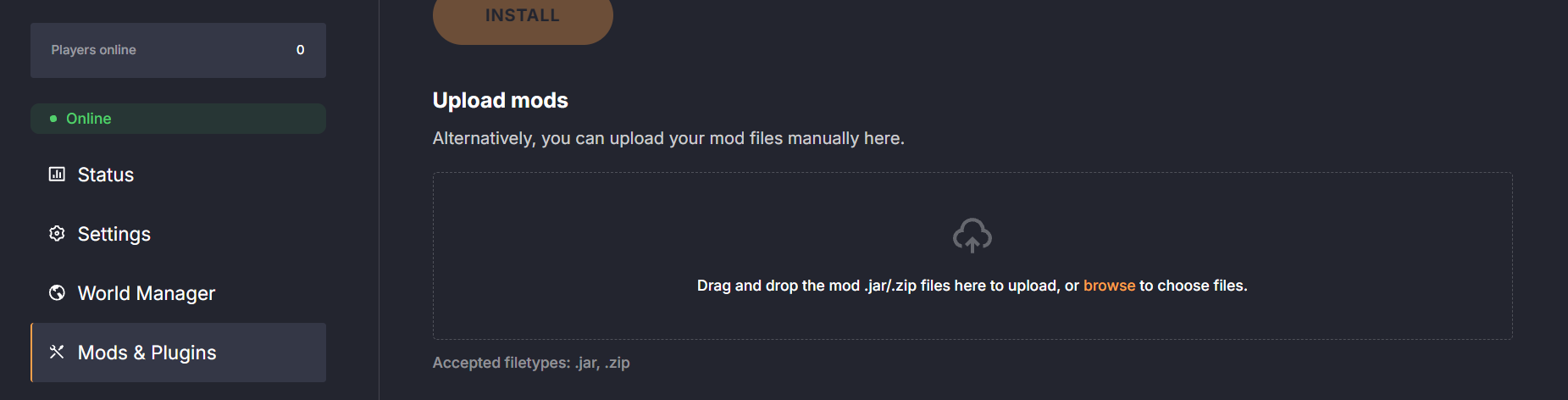 Dathost control panel Mods & Plugins tab with drag-and-drop area to install Hytale mod files in .zip or .jar format.