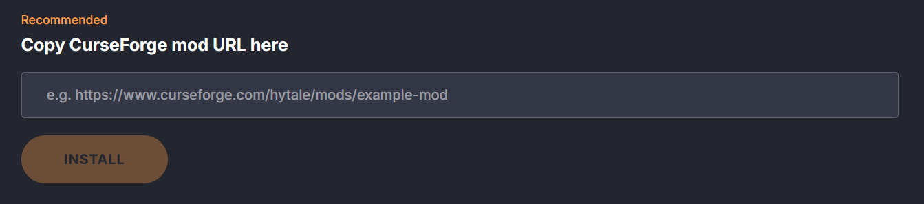 Dathost control panel showing the Mods & Plugins tab where a CurseForge mod URL is pasted to install Hytale mods on the server.