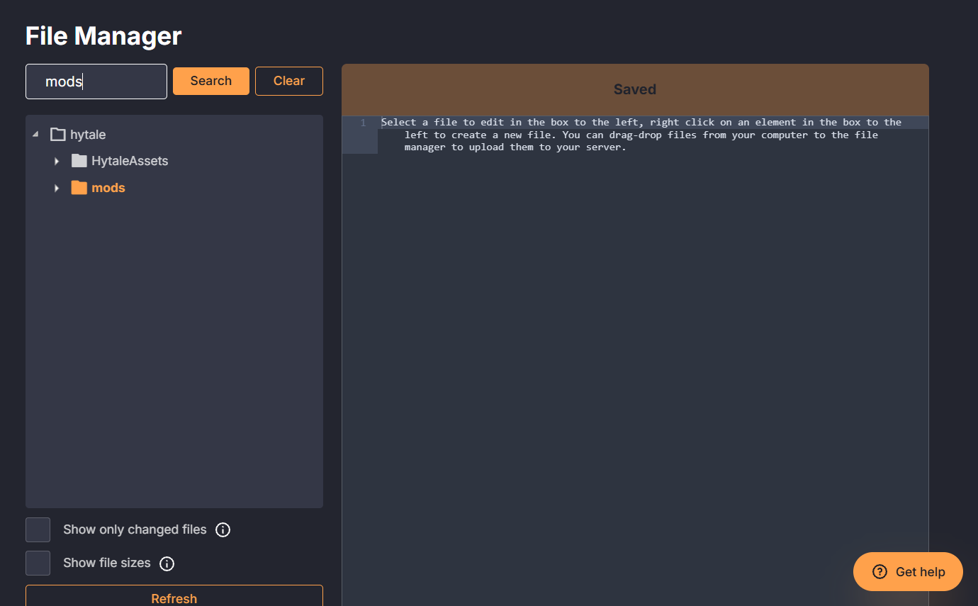 Dathost File Manager showing the mods folder where Hytale .zip or .jar mod files can be manually installed to the server.
