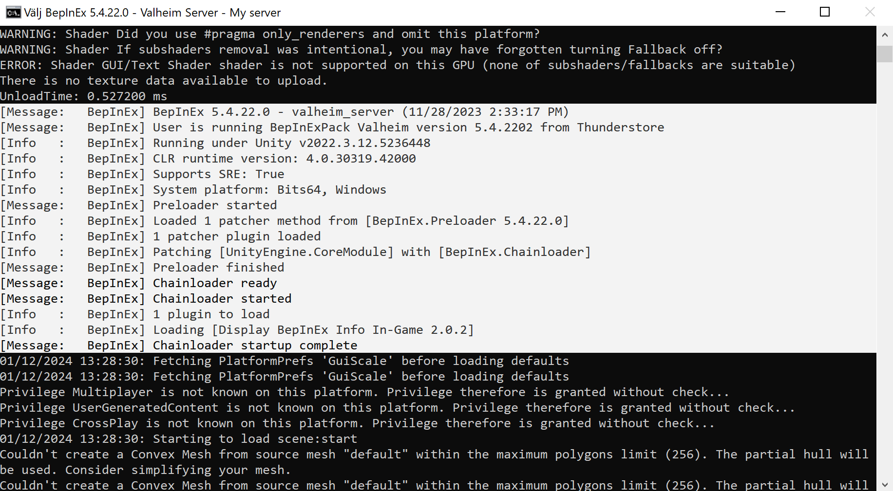 The user is starting the server by double-clicking start_headless_server.bat, and the console window displays logs confirming that BepInEx has been correctly installed.