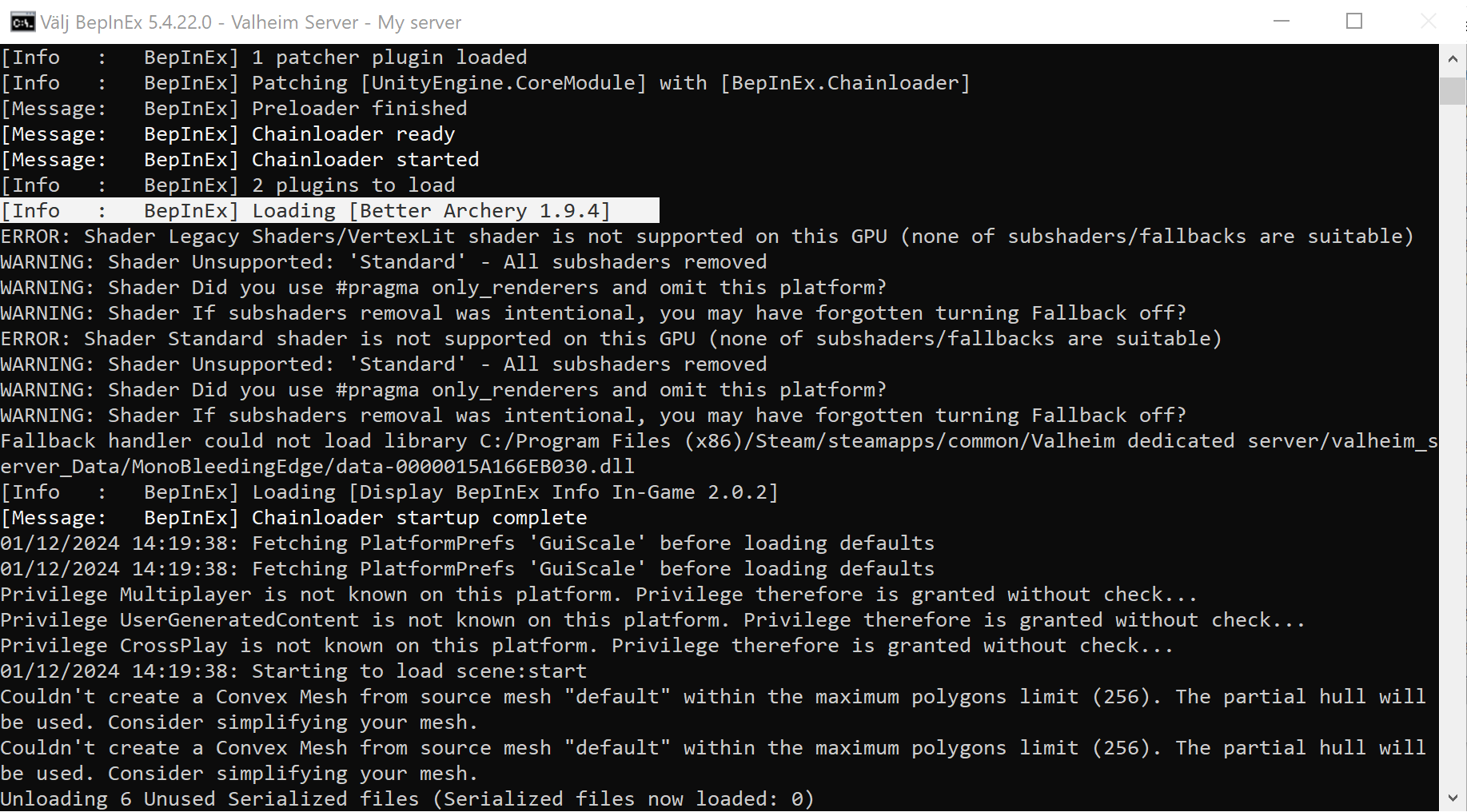 The user is starting the server by double-clicking start_headless_server.bat, and the console window displays logs confirming that BepInEx has been correctly installed.