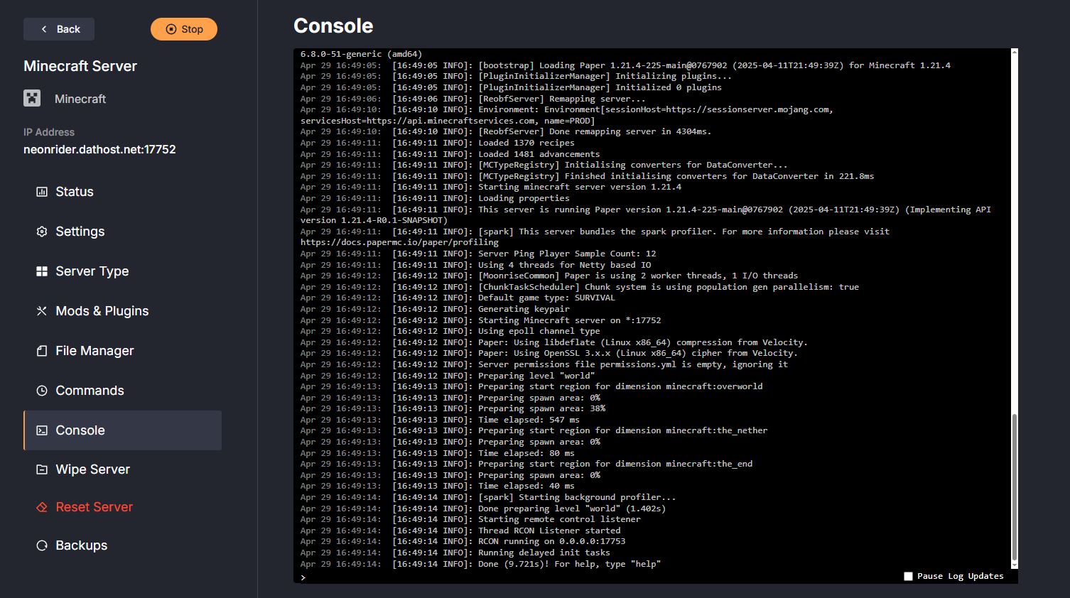 Console Tab for Minecraft Server Hosting