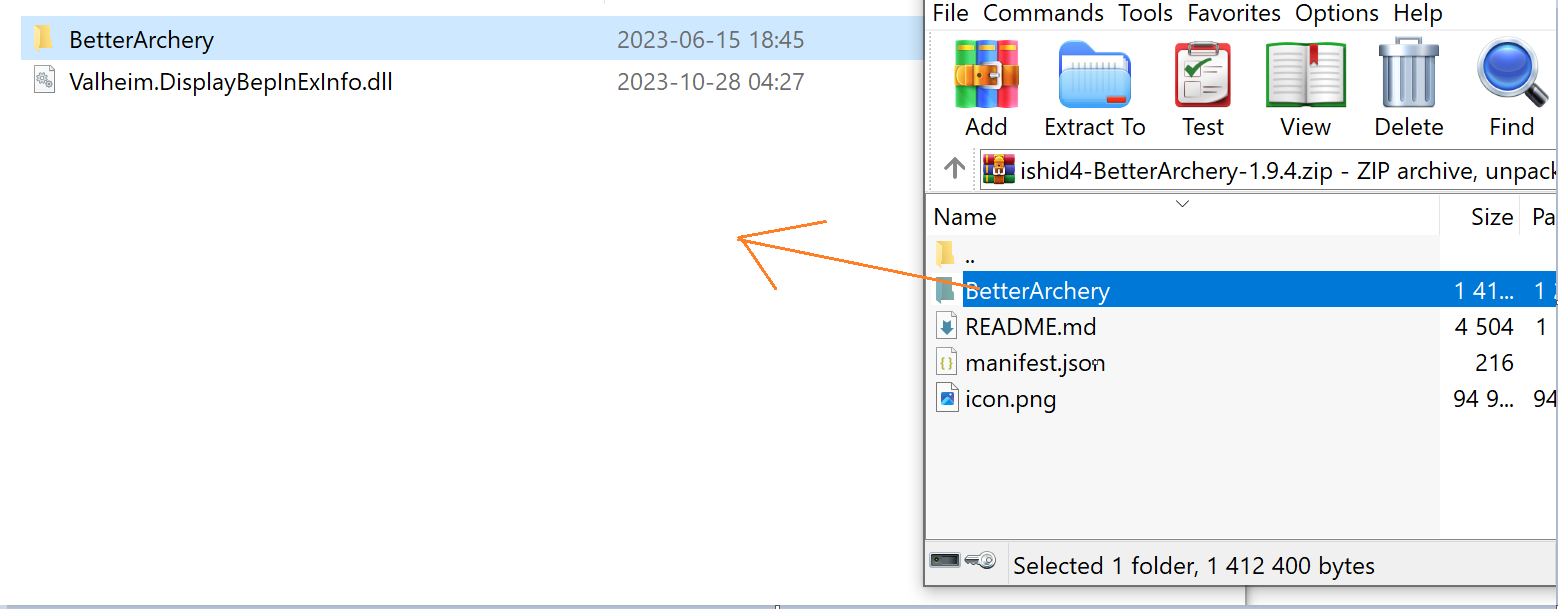 File window showing the BetterArchery folder being dragged from a .zip file into the "plugins" folder of the Valheim Dedicated Server.