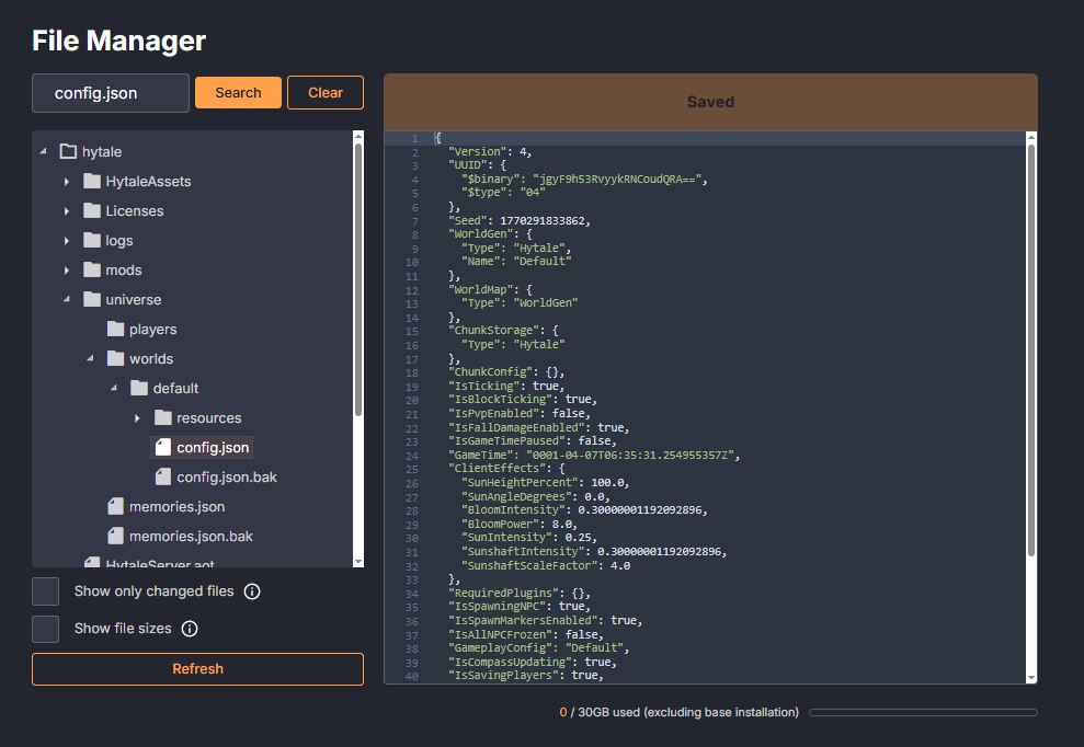 Hytale Server settings config.json configuration through the file manager in the DatHost control panel