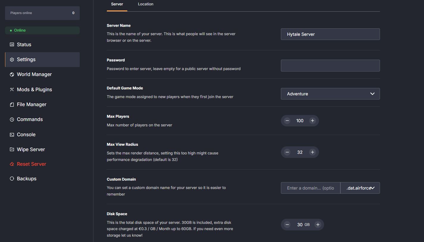 Hytale Server settings configuration through the settings tab in the DatHost control panel