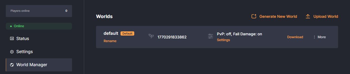 Hytale Server world configuration through the world tab in the DatHost control panel