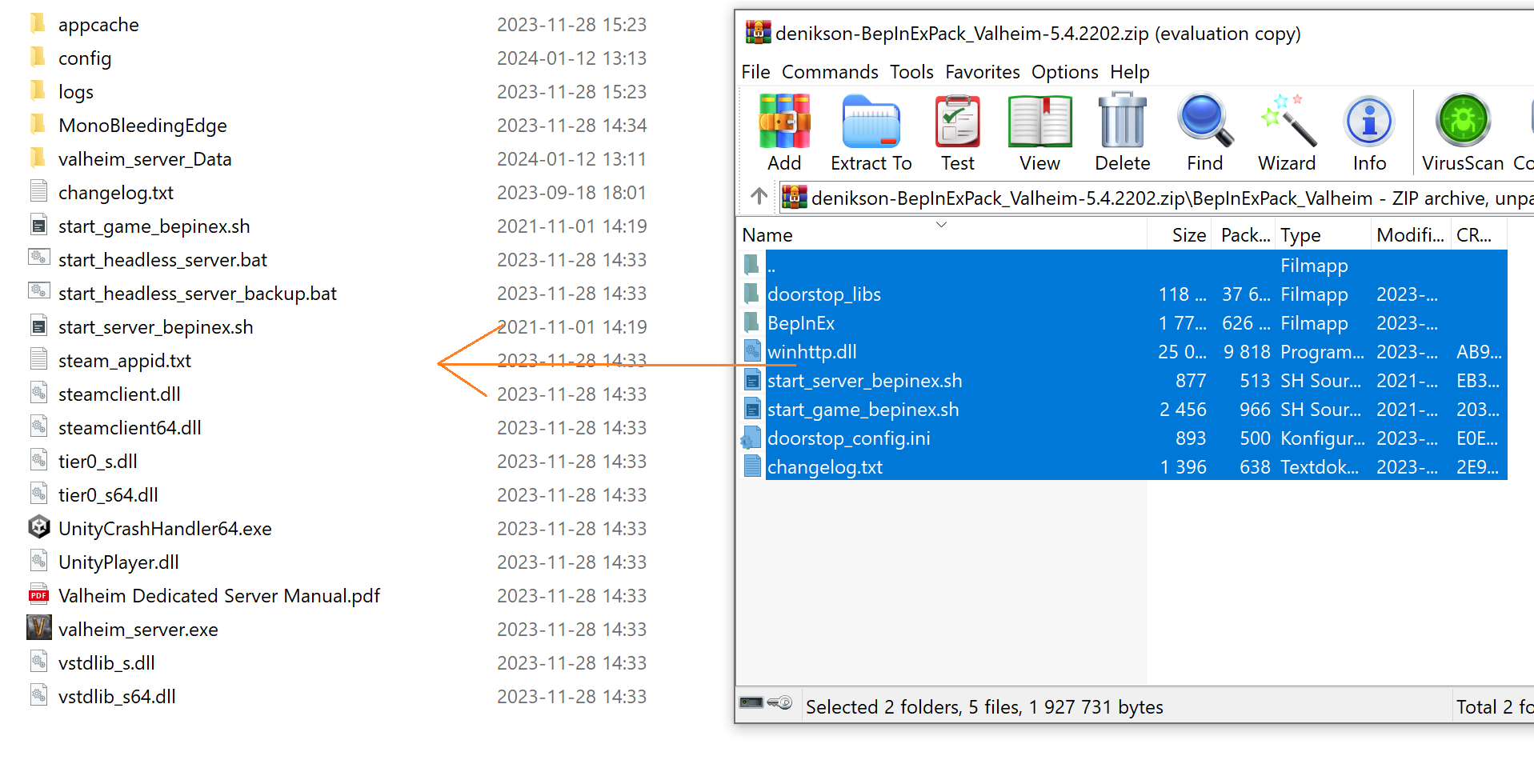 File window showing the BepInEx .zip file being opened. The contents of the BepInExPack_Valheim folder are being extracted into the root folder of the Valheim Dedicated Server.