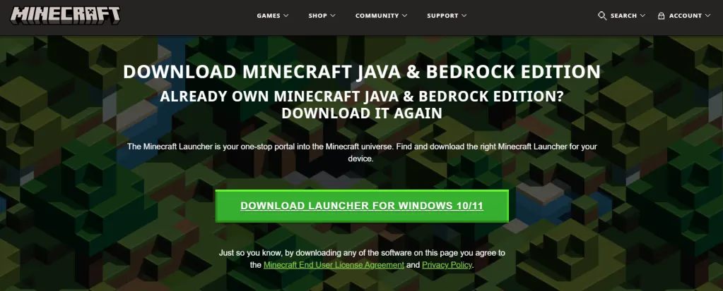 Screenshot of the official Java website, showing the download page for Java, required to host a Minecraft server.