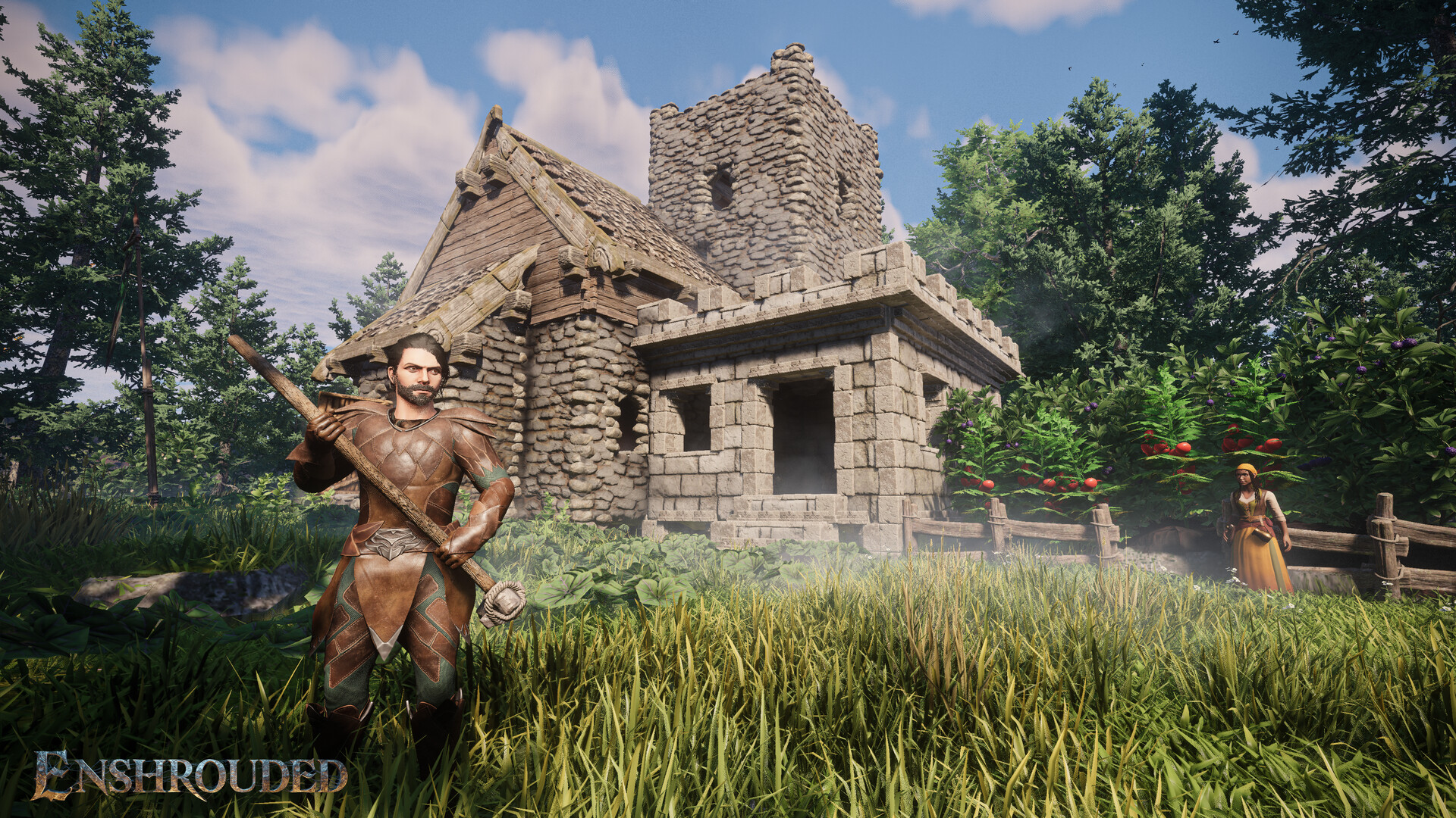 Man holding a tool in a garden in front of a house, with his wife standing in the background.