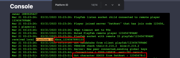console logs with Xbox ID highlighted